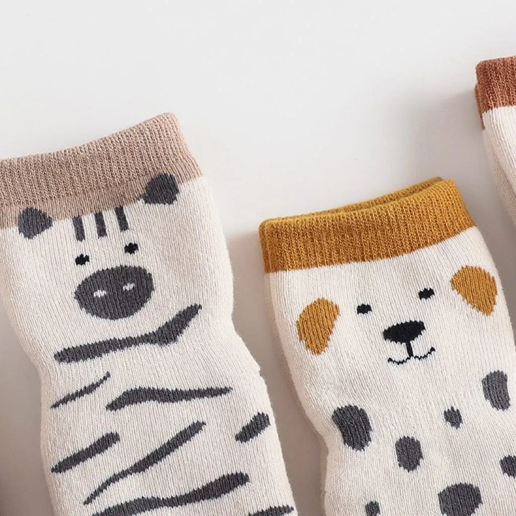 Animal Pattern Terry Non-Slip Socks [Set of 5]