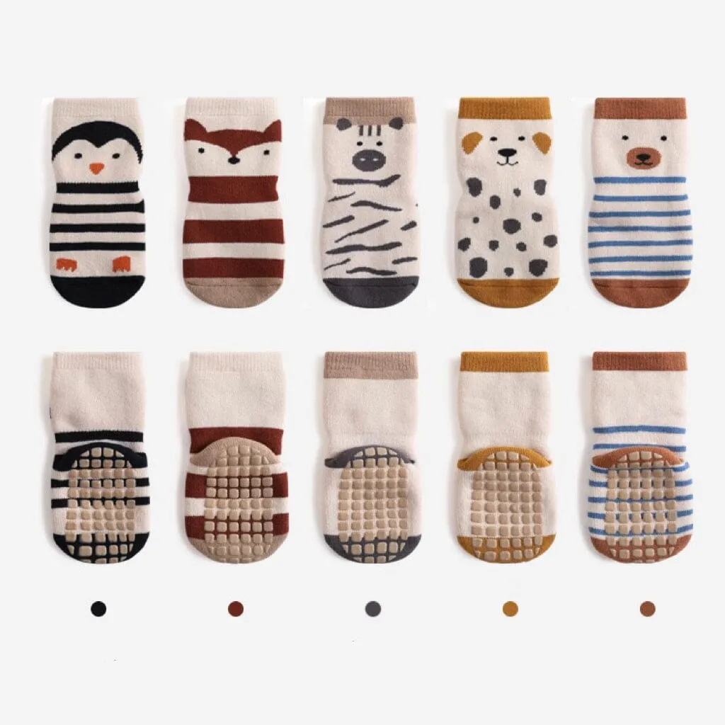 Animal Pattern Terry Non-Slip Socks [Set of 5]
