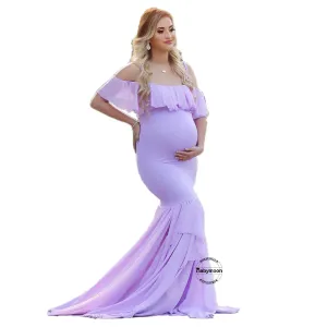 Babymoon Off Shoulder Maternity Gown Dress - Purple
