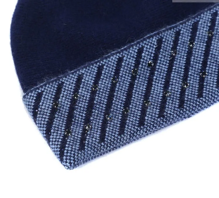 Navy Sparkly Hat With Faux Fur Pom Pom