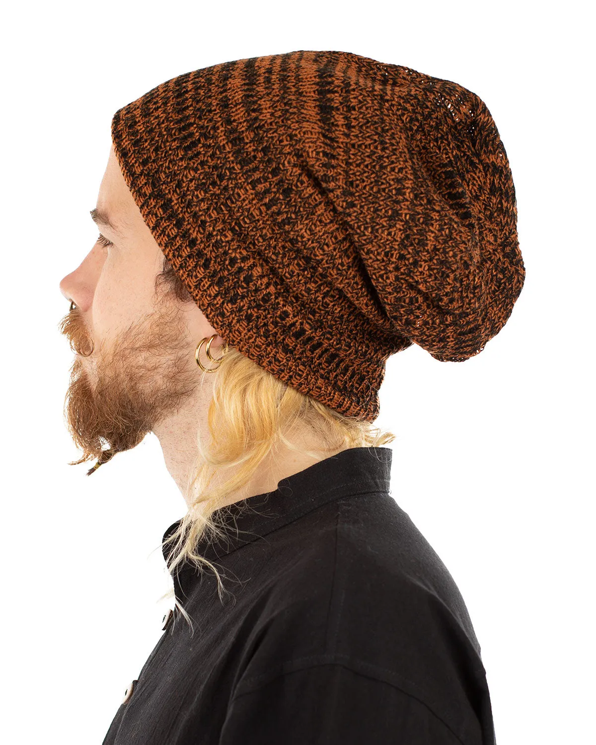 Woven Cotton Slouch Beanie Hat Orange/Black Stripes